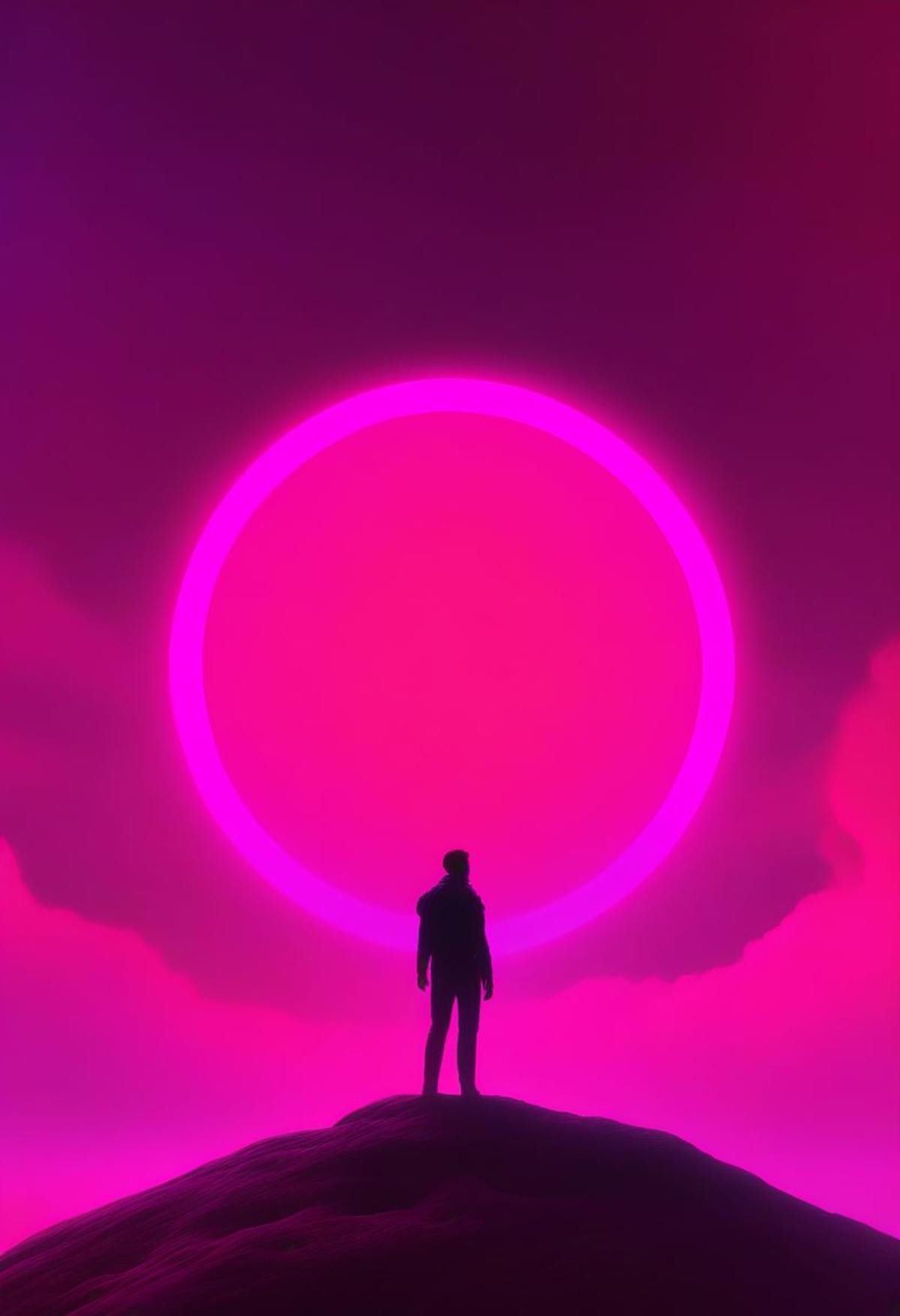 ((masterpiece, best quality)), high resolution, highly detailed, 32k picture,scifi, minimalist, pink theme, circle, solo, 1boy, standing, male focus, sky, cloud, from behind