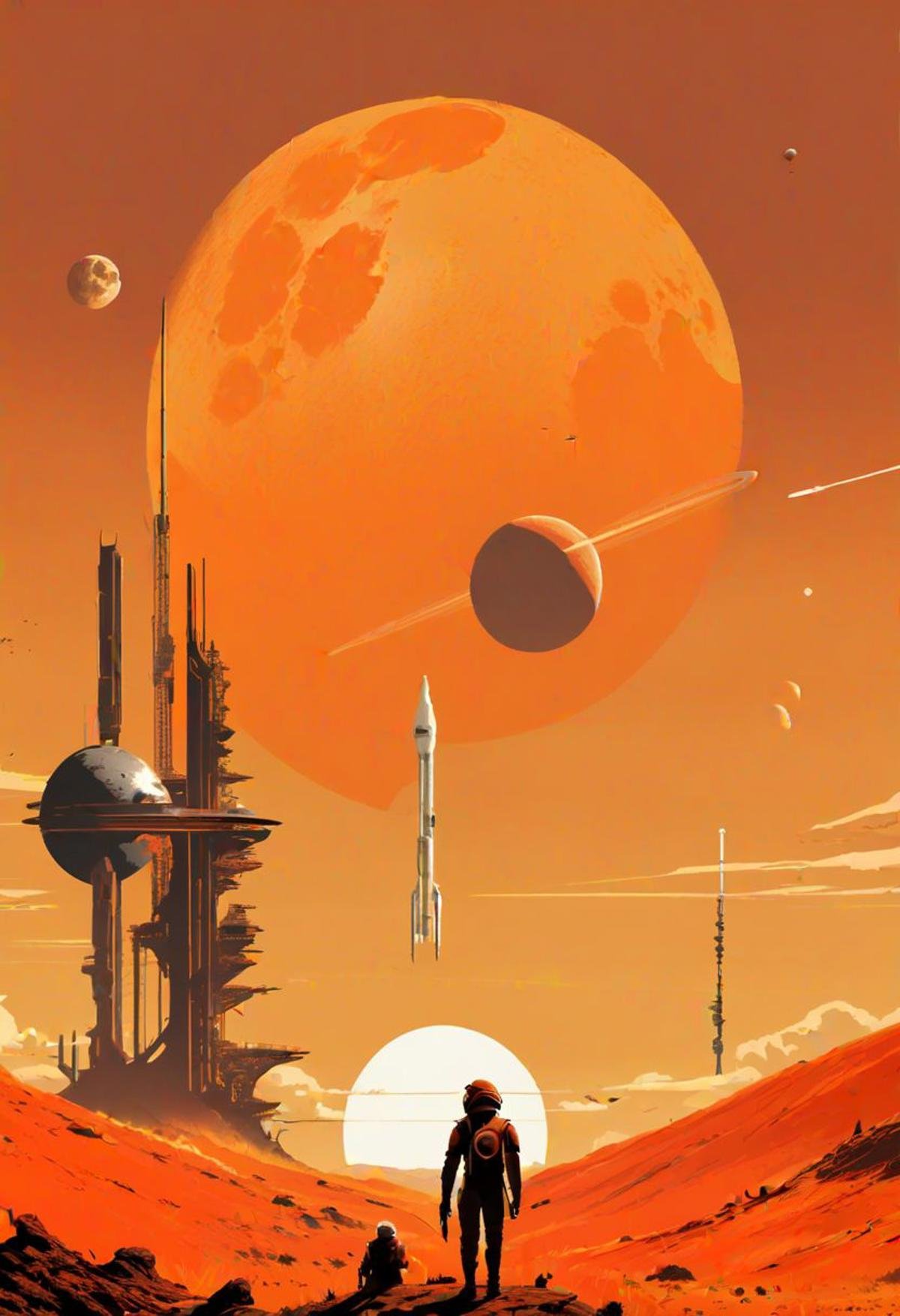 ((masterpiece, best quality)), high resolution, highly detailed,scifi, perfect scifi, minimalist, cinematic, movie poster, warm colors, orange theme, 1boy, standing, weapon, outdoors, sky, cloud, gun, moon, helmet,  sun, planet, spacecraft, tower, 