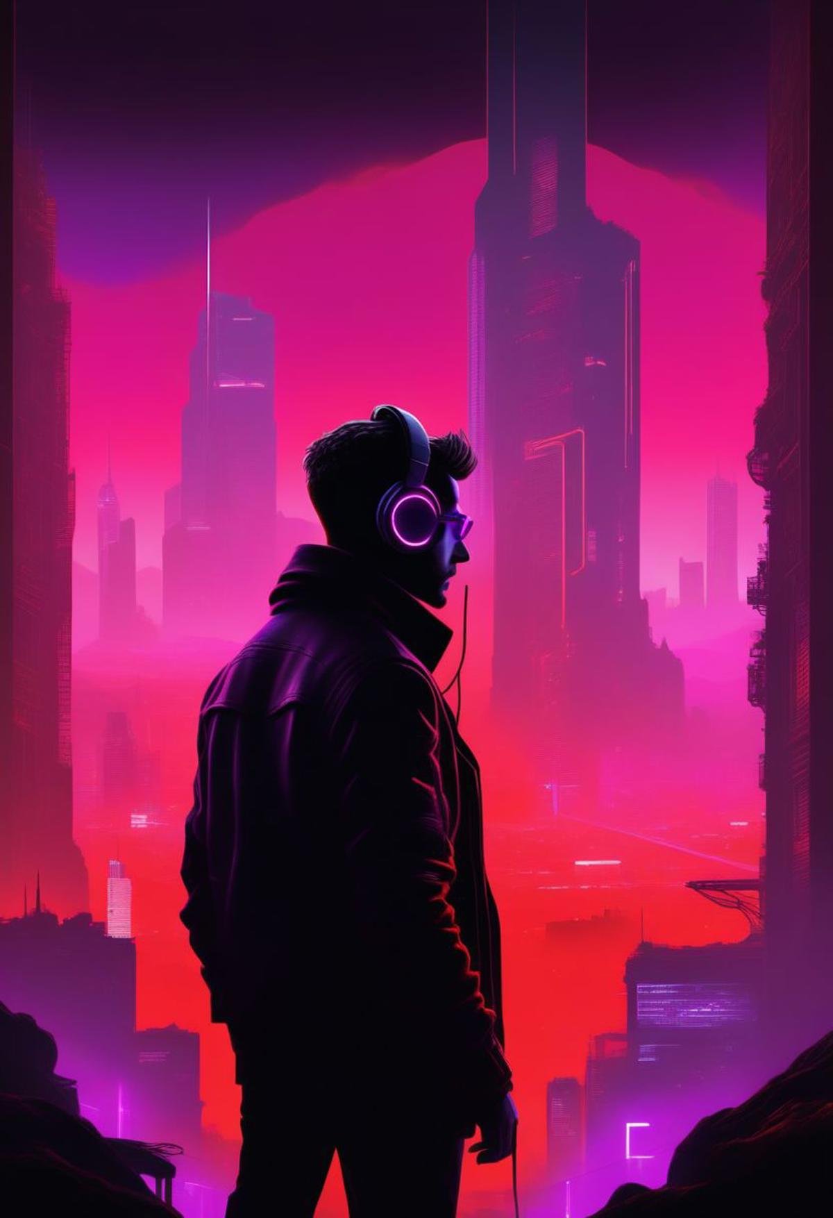 ((masterpiece,best quality)), absurdres, minimalist, game asset, cinematic, movie poster, warm colors, red theme,  purple fog, solo, 1boy, jacket, male focus, from side, night, headphones, building, city, hands in pockets, cityscape, cable, monitor, cyberpunk, neon lights, hologram, silhouette,