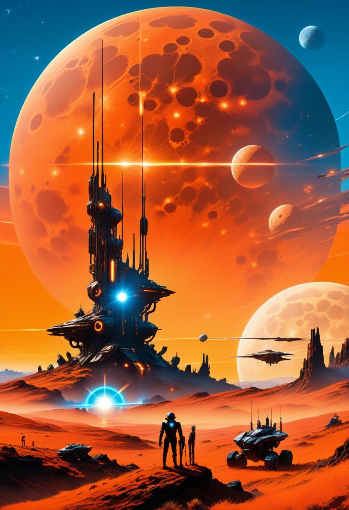 ((masterpiece, best quality)), high resolution, highly detailed, 32k picture,scifi, perfect scifi, minimalist, cinematic, movie poster, warm colors, orange theme, tower, 1boy, standing, weapon, outdoors, sky, cloud, gun, moon, helmet, robot, ground vehicle, motor vehicle, sun, planet, spacecraft, hills, fog, blue sky, 