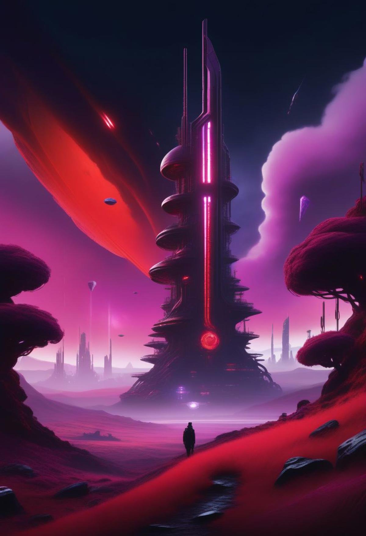 ((masterpiece, best quality)), high resolution, highly detailed, 32k picture,science fiction, environment, game asset, cinematic, movie poster, cyberpunk, cold colors, red theme, purple fog, volumetrics, smoke, crystals, silhouette, flairs, outdoors, sky, cloud, no humans, grass, scenery, spacecraft, tower, spiral, crystals,