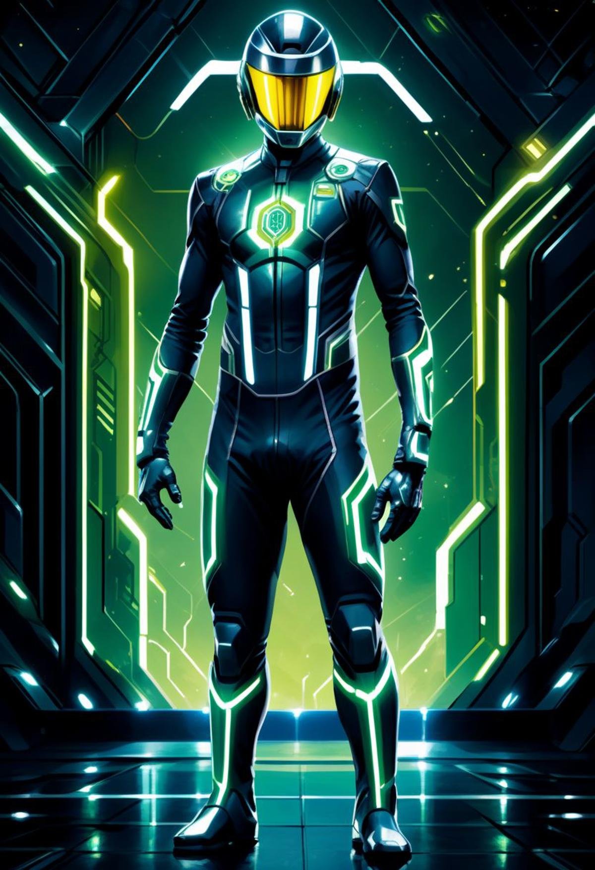 ((masterpiece, best quality)), high resolution, highly detailed, 32k picture,scifi, citron legacy, solo, gloves, 1boy, standing, male focus, fingerless gloves, bodysuit, glowing, helmet, neon trim, tokusatsu, green visor