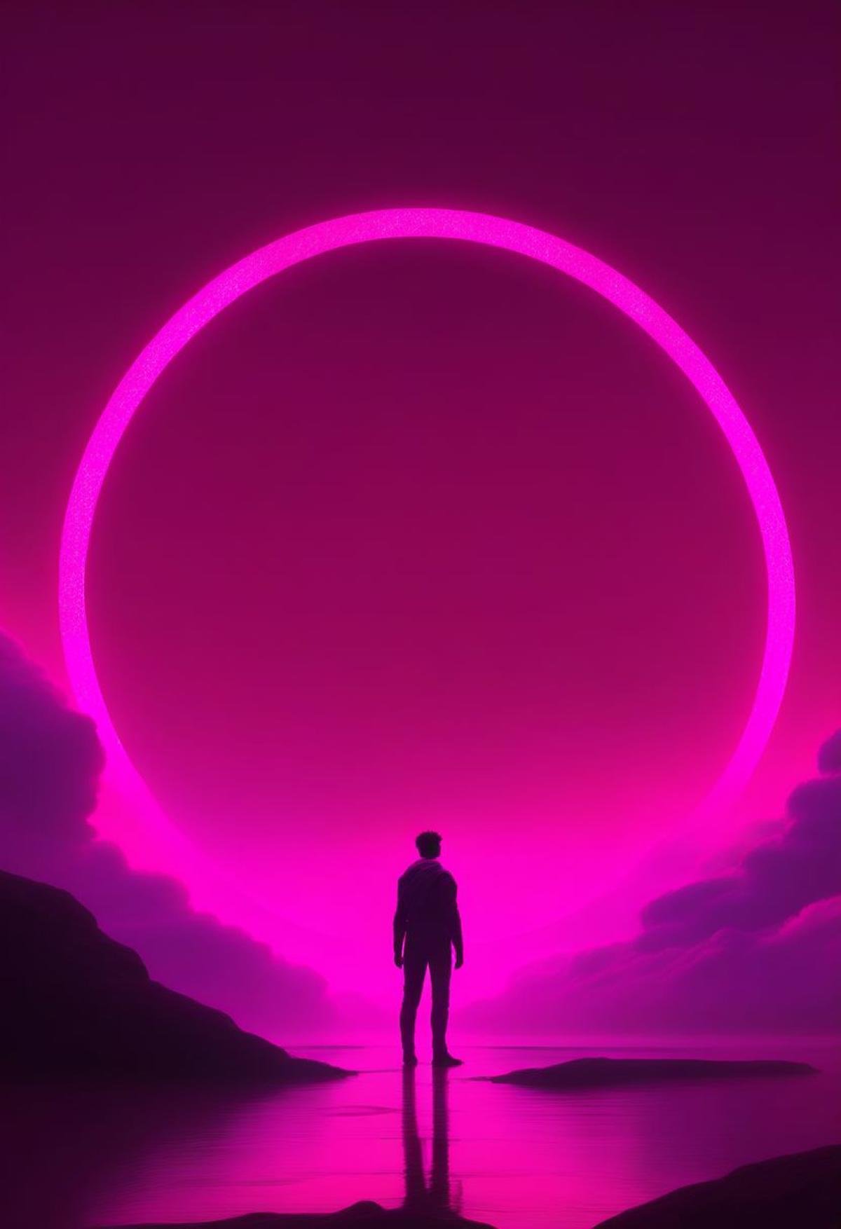 ((masterpiece, best quality)), high resolution, highly detailed, 32k picture,scifi, minimalist, pink theme, circle, solo, 1boy, standing, male focus, sky, cloud, from behind