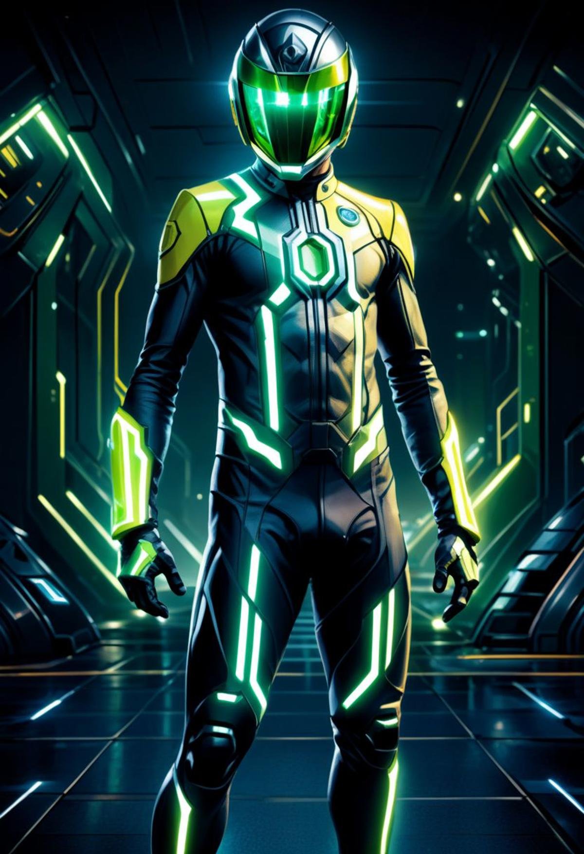 ((masterpiece, best quality)), high resolution, highly detailed, 32k picture,scifi, citron legacy, solo, gloves, 1boy, standing, male focus, fingerless gloves, bodysuit, glowing, helmet, neon trim, tokusatsu, green visor