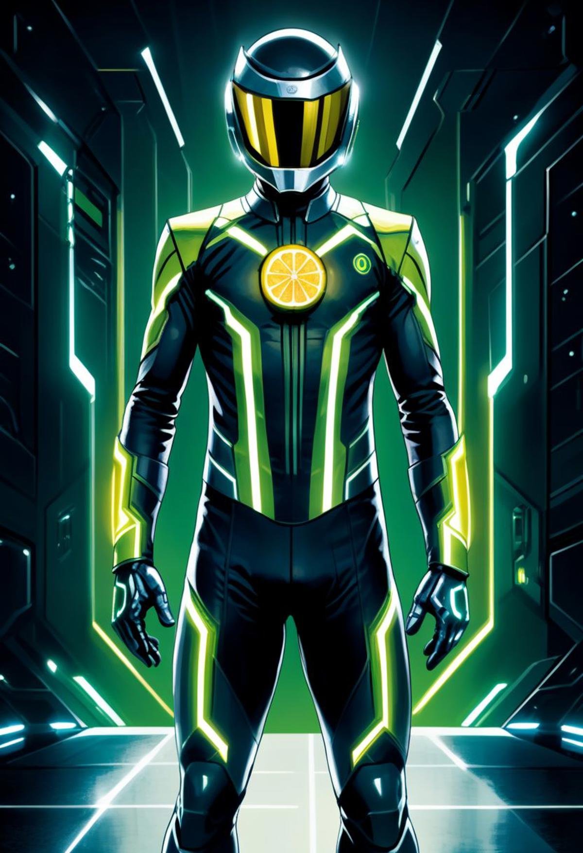 ((masterpiece, best quality)), high resolution, highly detailed, 32k picture,scifi, citron legacy, solo, gloves, 1boy, standing, male focus, fingerless gloves, bodysuit, glowing, helmet, neon trim, tokusatsu, green visor