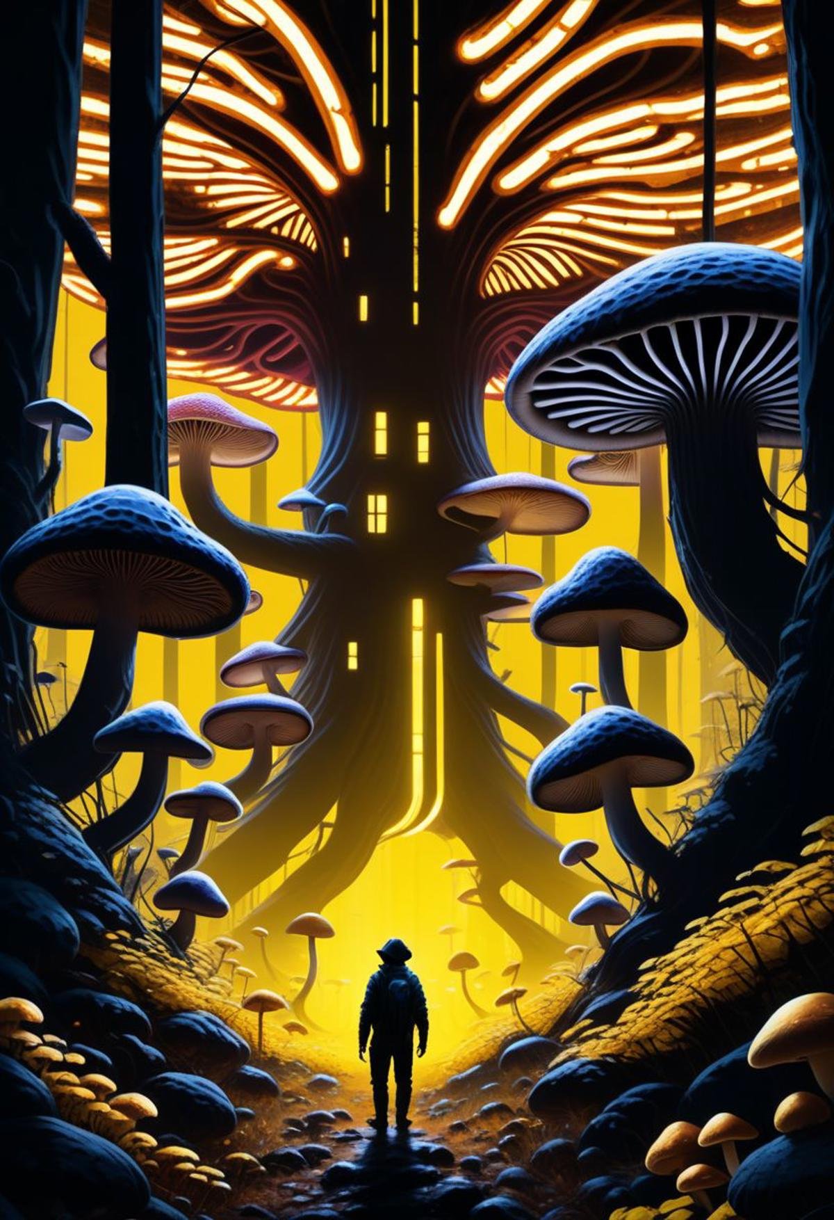 ((masterpiece, best quality)), high resolution, highly detailed, 32k picture,scifi, perfect scifi, yellow glow, stripes, mushroom forest, 1boy, standing, weapon, male focus, outdoors, sky, from behind, tree, night, building, 1other, mushroom, ambiguous gender