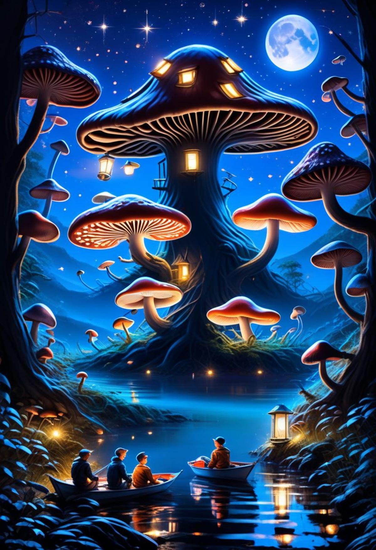 ((masterpiece, best quality)), high resolution, highly detailed, 32k picture,scifi, mushroom forest, holding, sitting, outdoors, multiple boys, sky, cloud, 2boys, water, tree, night, moon, star (sky), night sky, full moon, starry sky, reflection, lantern, fantasy, watercraft, mushroom, boat