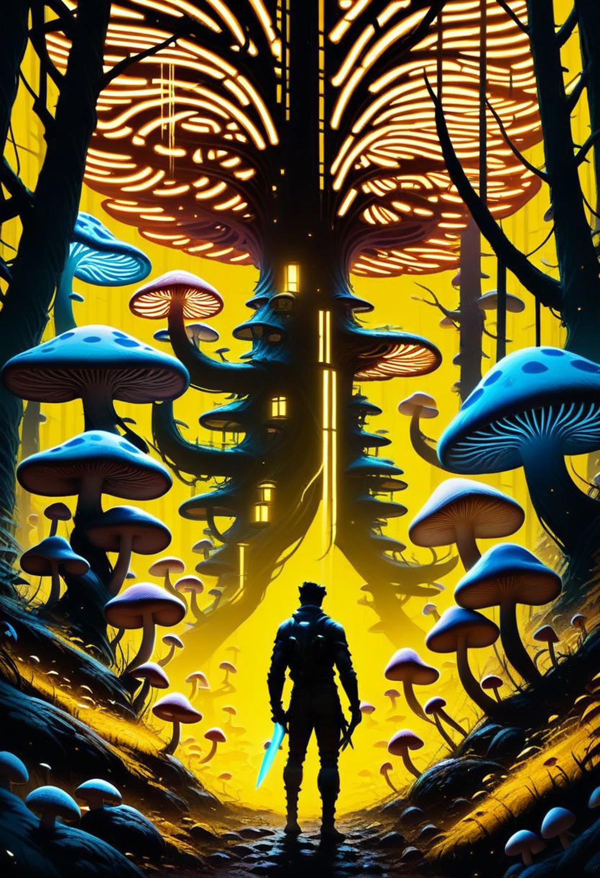 score_9, score_8_up, score_8, zPDXL, BREAK,scifi, yellow glow, stripes, mushroom forest, 1boy, standing, weapon, male focus, outdoors, sky, from behind, tree, night, building, mushroom, ambiguous gender, yellow theme, 