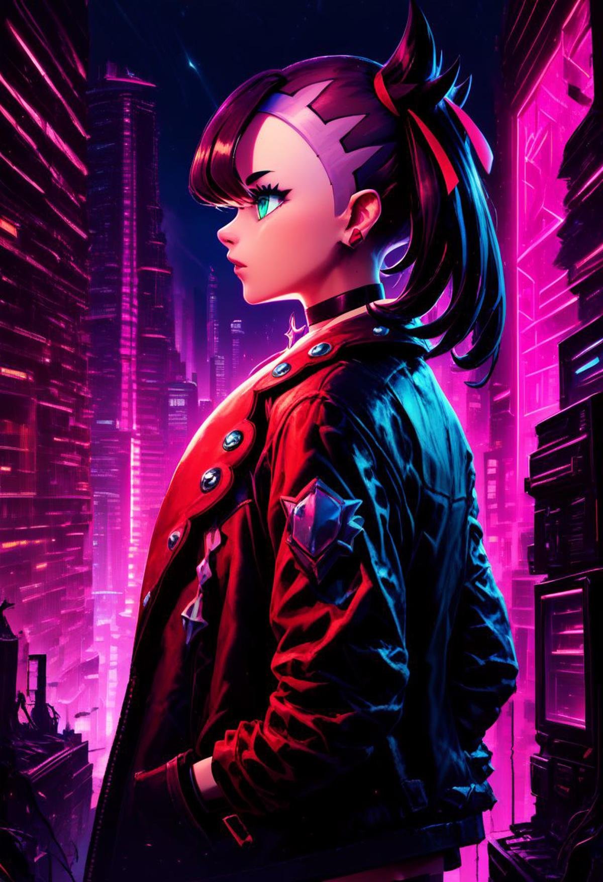 score_9, score_8_up, score_8, zPDXL, BREAK,scifi, solo, zzMarnie, aqua eyes, black choker, red ribbon,, jacket, from side, night, building, city, hands in pockets, cityscape, cable, monitor, cyberpunk, neon lights, hologram