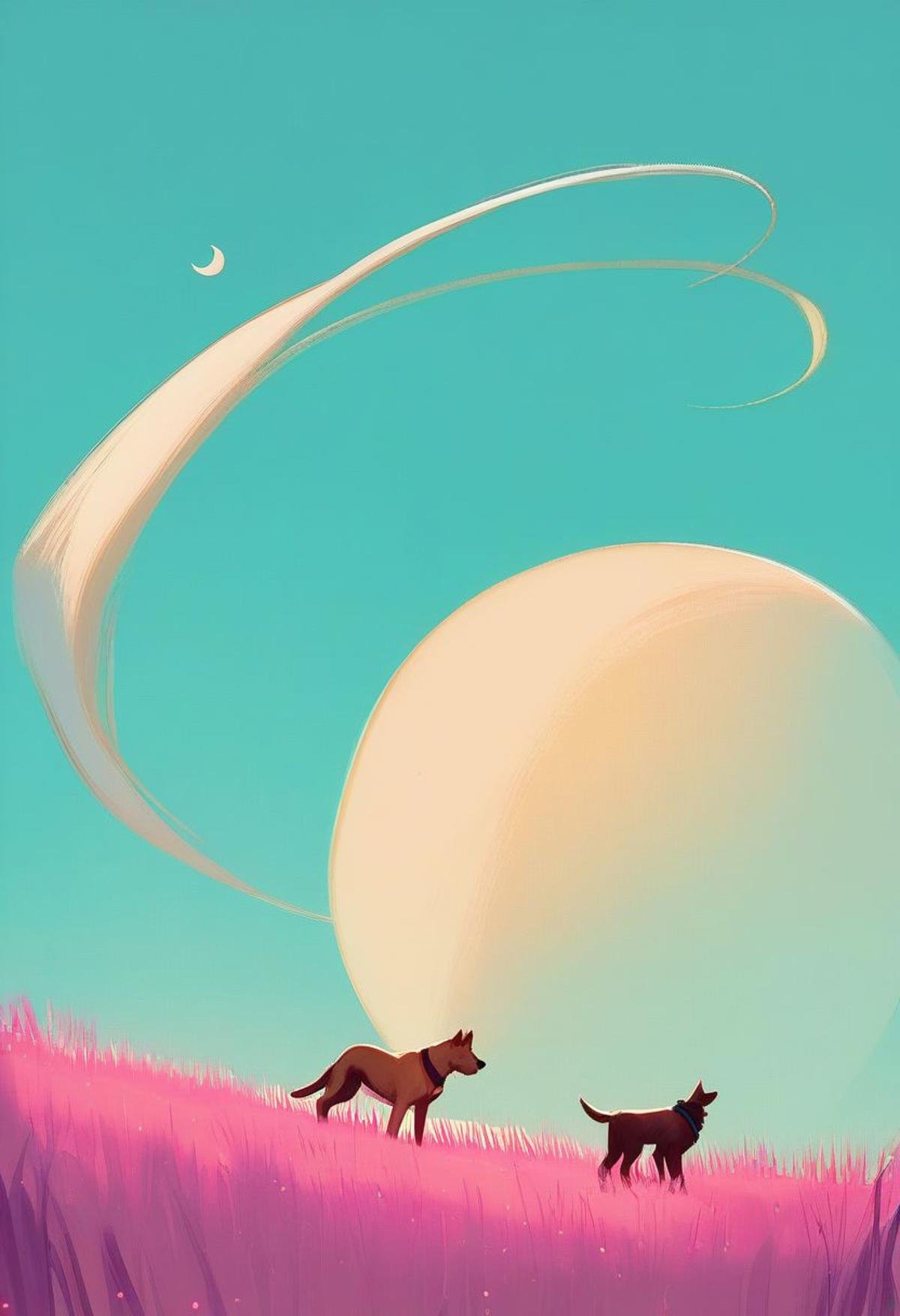 score_9, score_8_up, score_8, zPDXL, BREAK,scifi, outdoors, sky, day, blue sky, no humans, animal, moon, grass, dog, crescent moon, pink grass, teal sky, 