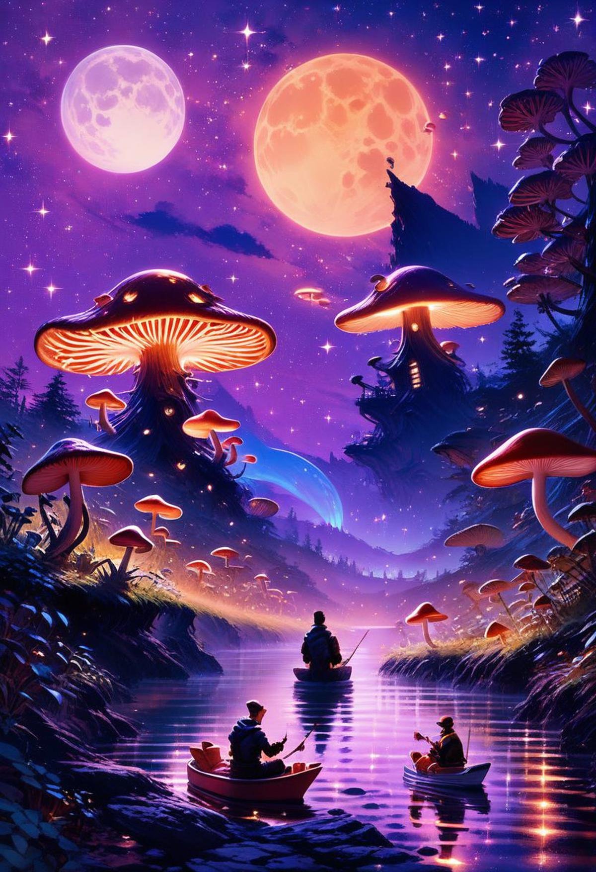 score_9, score_8_up, score_8, zPDXL, BREAK,scifi, sitting, outdoors, multiple boys, sky, 2boys, water, from behind, night, moon, star (sky), night sky, tentacles, starry sky, watercraft, mushroom, crescent moon, boat, fishing rod, fishing