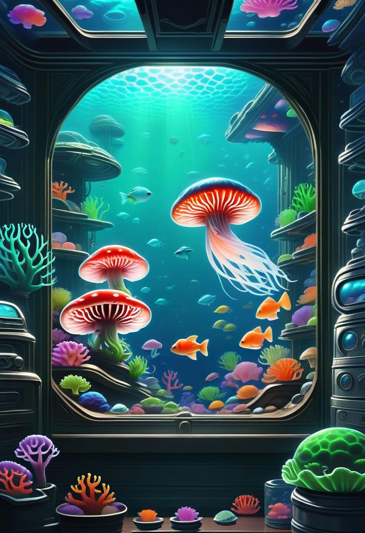 score_9, score_8_up, score_8, zPDXL, BREAK,scifi, indoors, no humans, fish, underwater, mushroom, jellyfish, coral, aquarium, window,