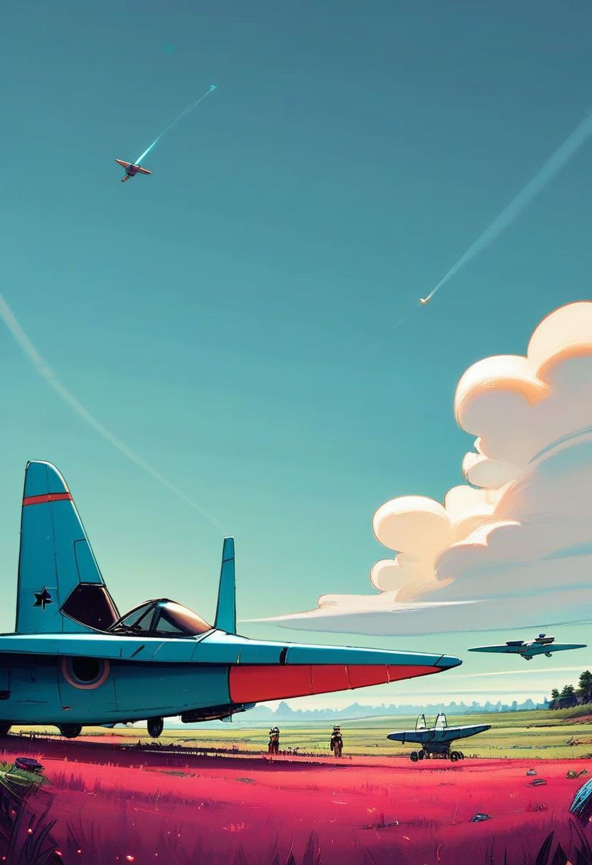 score_9, score_8_up, score_8, zPDXL, BREAK,scifi, teal theme, movie poster, red grass, 1boy, outdoors, sky, day, cloud, military, grass, robot, aircraft, airplane, field, spacecraft,