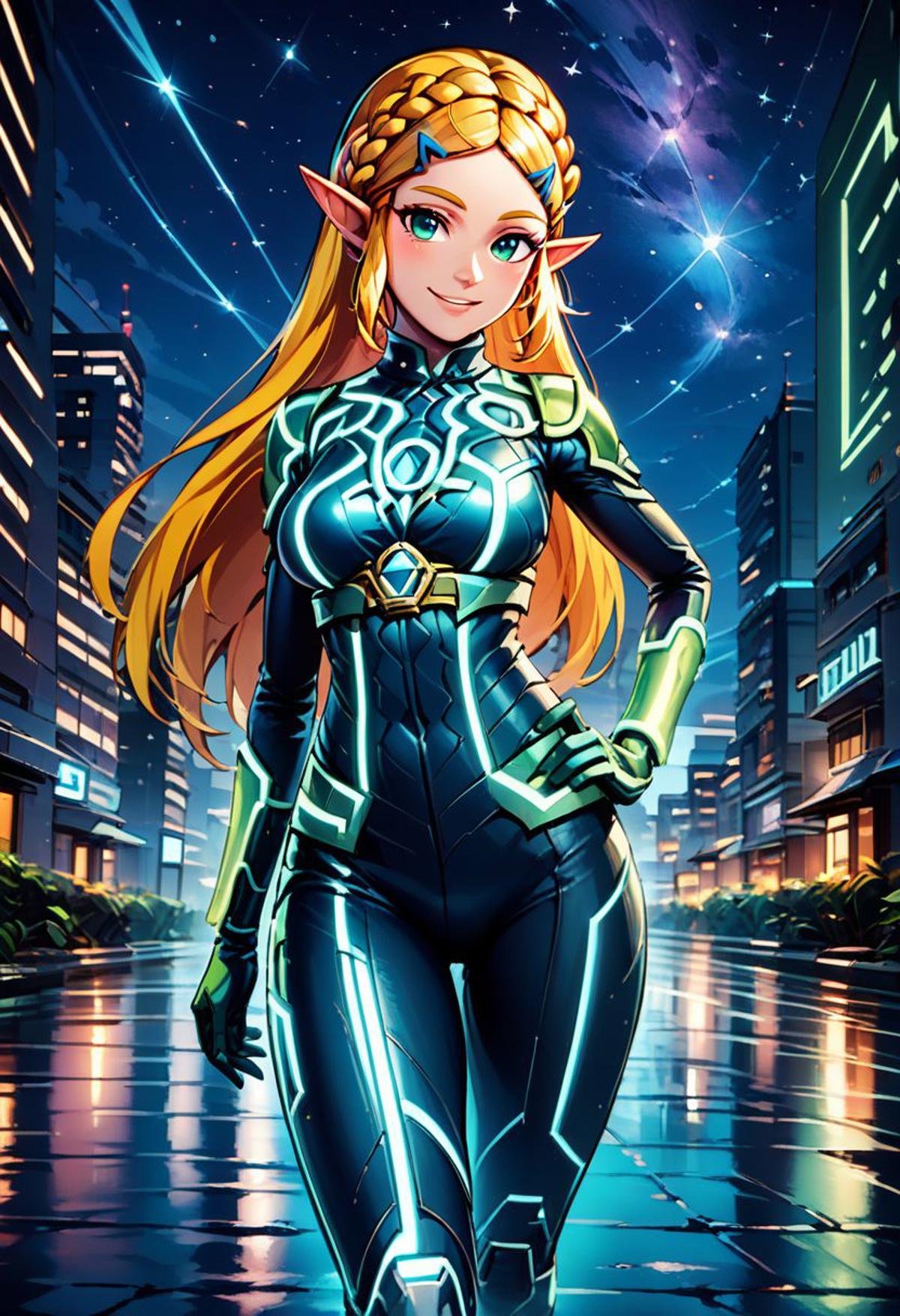 score_9, score_8_up, score_8, zPDXL, BREAK,scifi, citronLegacy, solo,  princess zelda, long hair, crown braid, hairclip, pointy ears,, standing, gloves, bodysuit, black bodysuit, glowing, neon trim, tokusatsu, green visor, green glow, hand on hip, looking at viewer, smile, night, building, star (sky), night sky, reflection, walking, city, neon trim