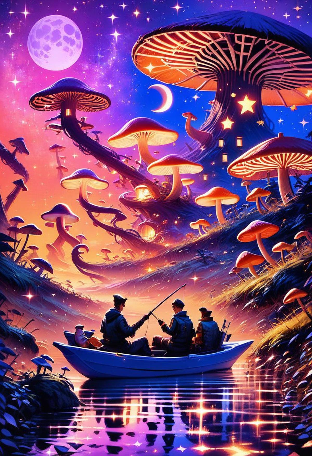 score_9, score_8_up, score_8, zPDXL, BREAK,scifi, sitting, outdoors, multiple boys, sky, 2boys, water, from behind, night, moon, star (sky), night sky, tentacles, starry sky, watercraft, mushroom, crescent moon, boat, fishing rod, fishing