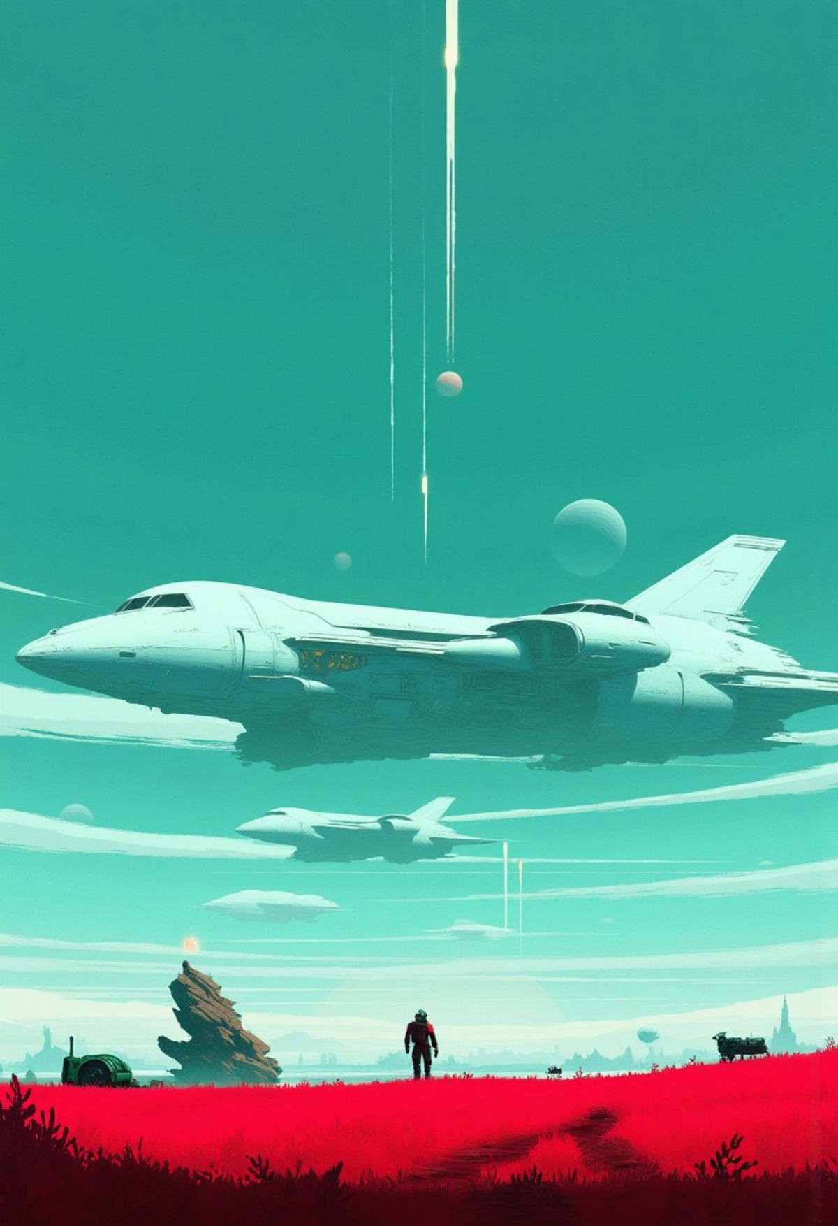 scifi, teal theme, movie poster, red grass, 1boy, outdoors, sky, day, cloud, military, grass, robot, aircraft, airplane, field, spacecraft,