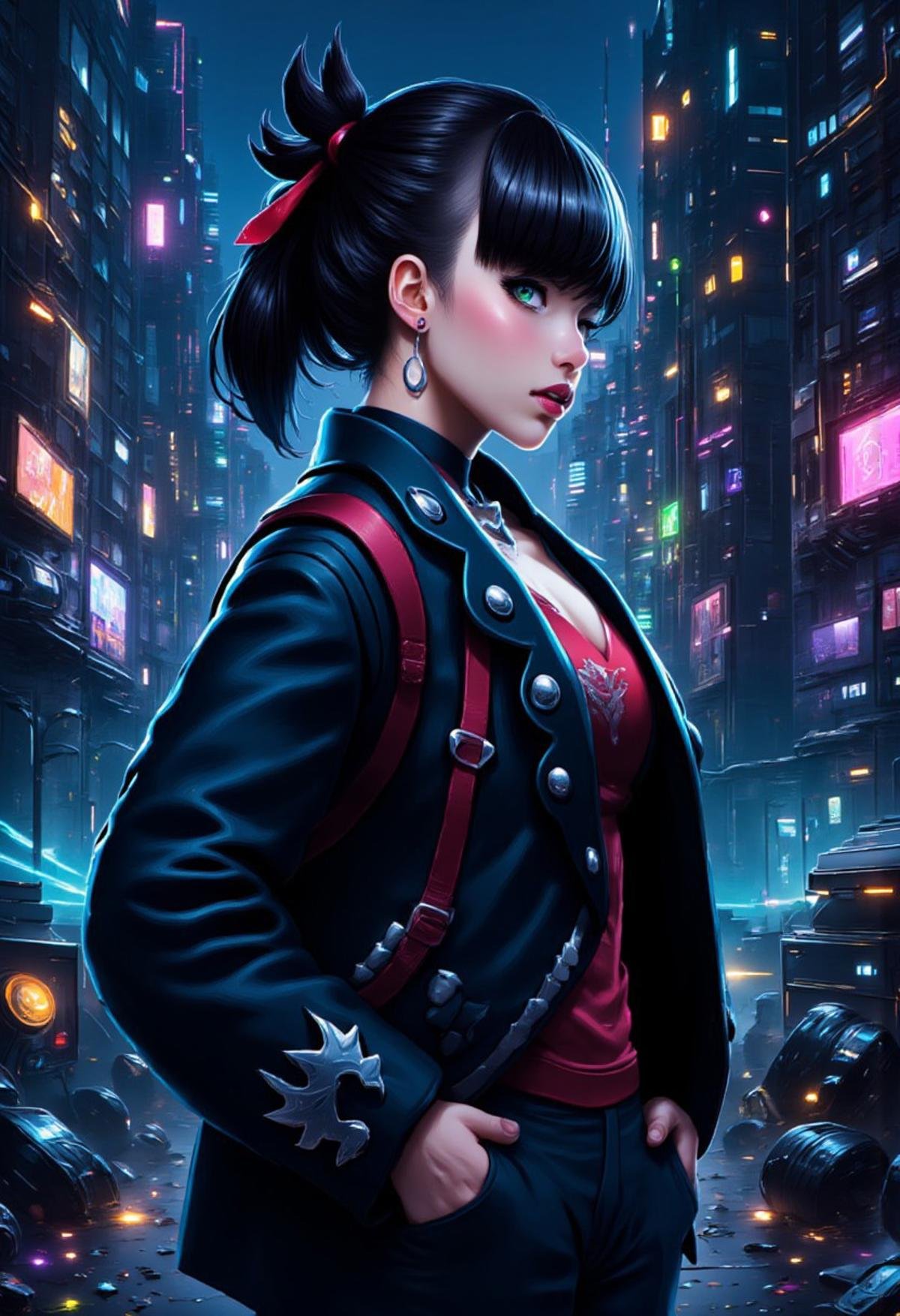 scifi, solo, zzMarnie, aqua eyes, black choker, red ribbon,, jacket, from side, night, building, city, hands in pockets, cityscape, cable, monitor, cyberpunk, neon lights, hologram