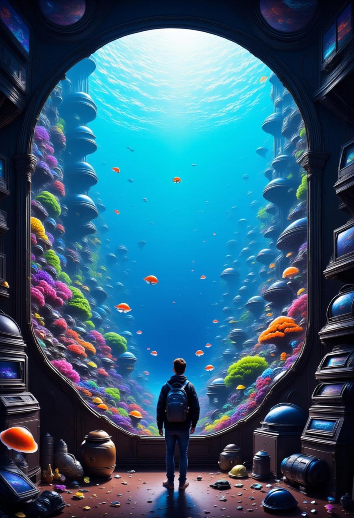 scifi, indoors, no humans, fish, underwater, mushroom, jellyfish, coral, aquarium, window,