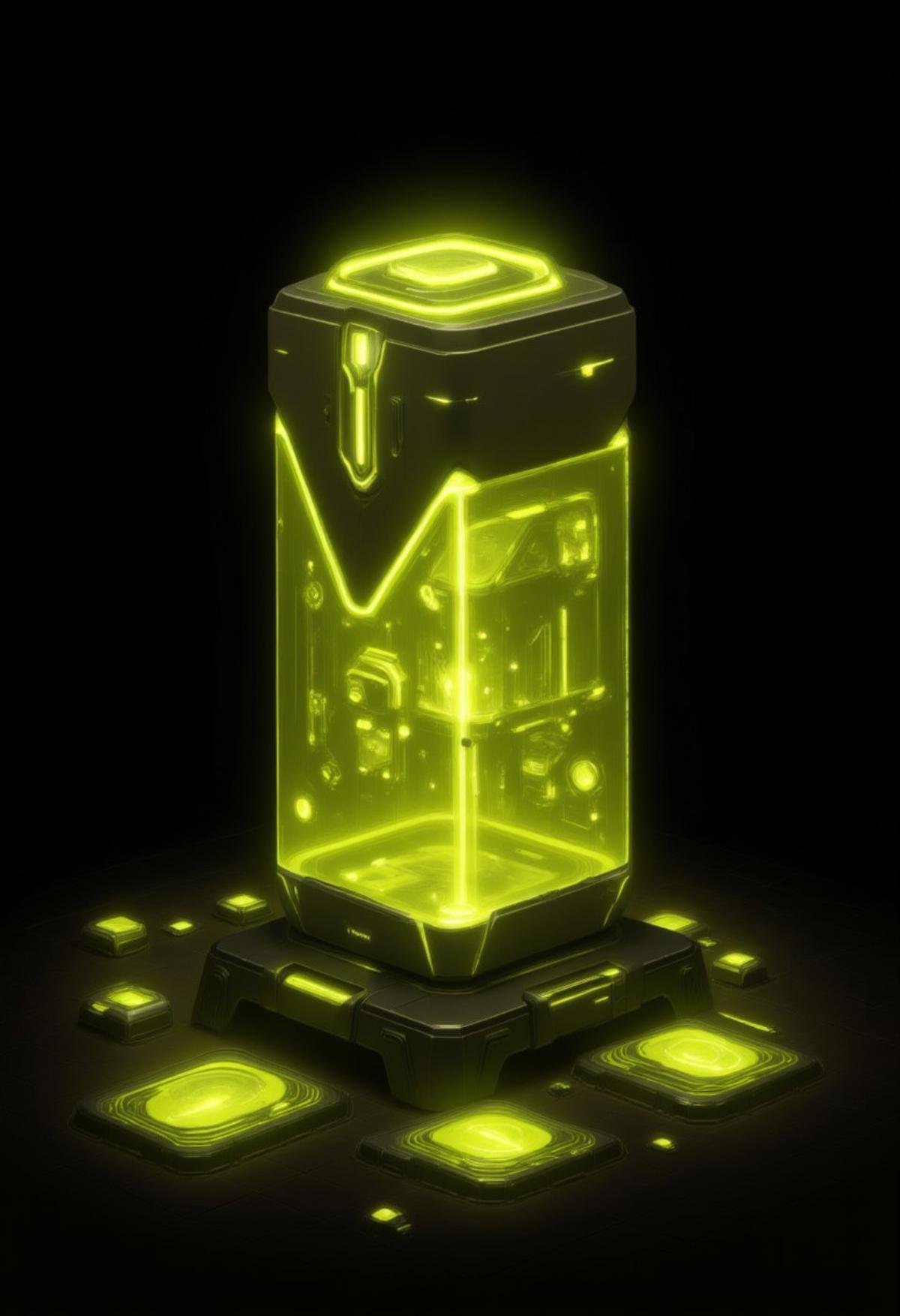 scifi, citronLegacy, no humans, glowing, battery, cylinder, black background, yellow glow