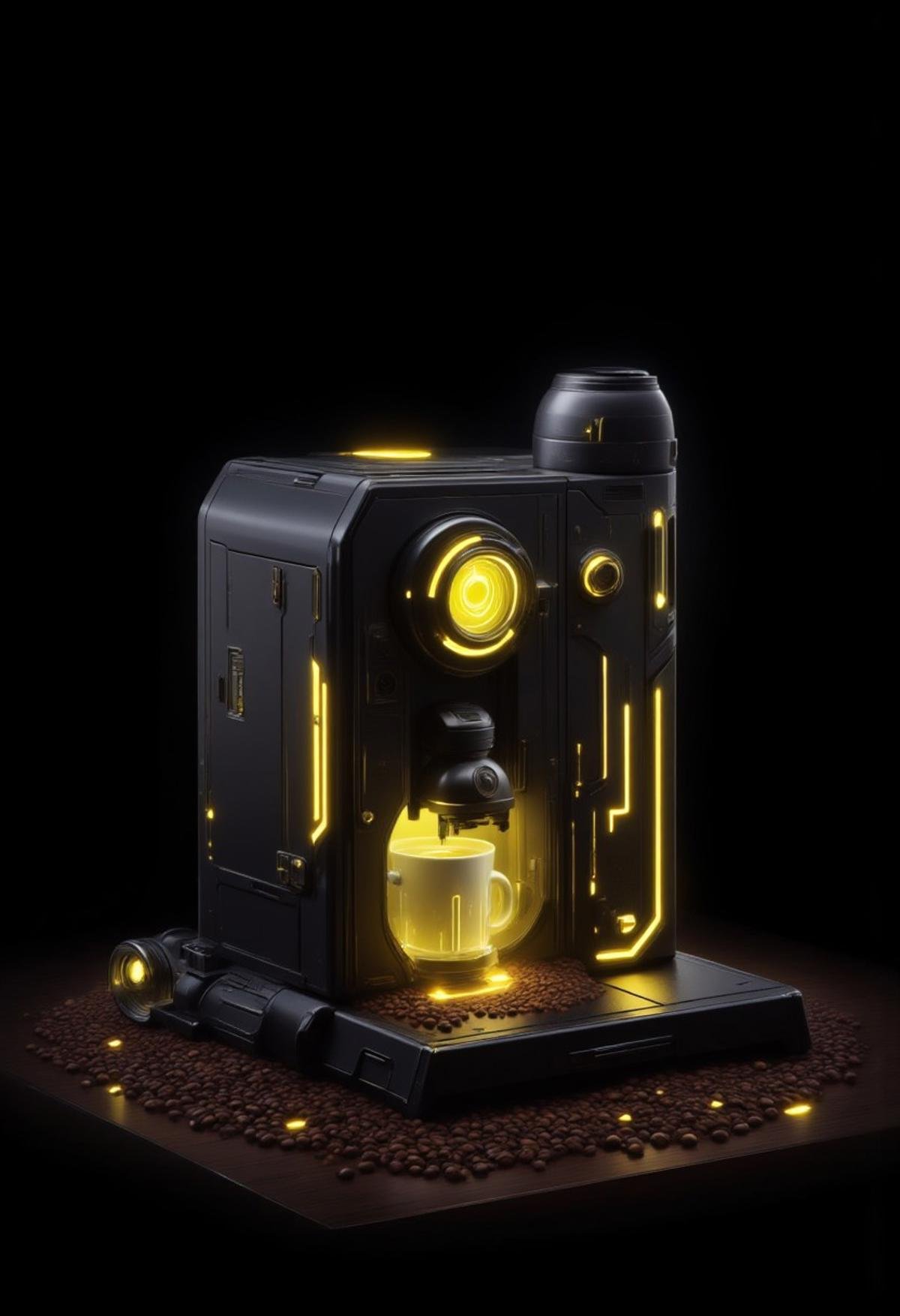 scifi, citronLegacy, (coffee machine), coffee beans, cup, no humans, glowing, battery, cylinder, black background, yellow glow