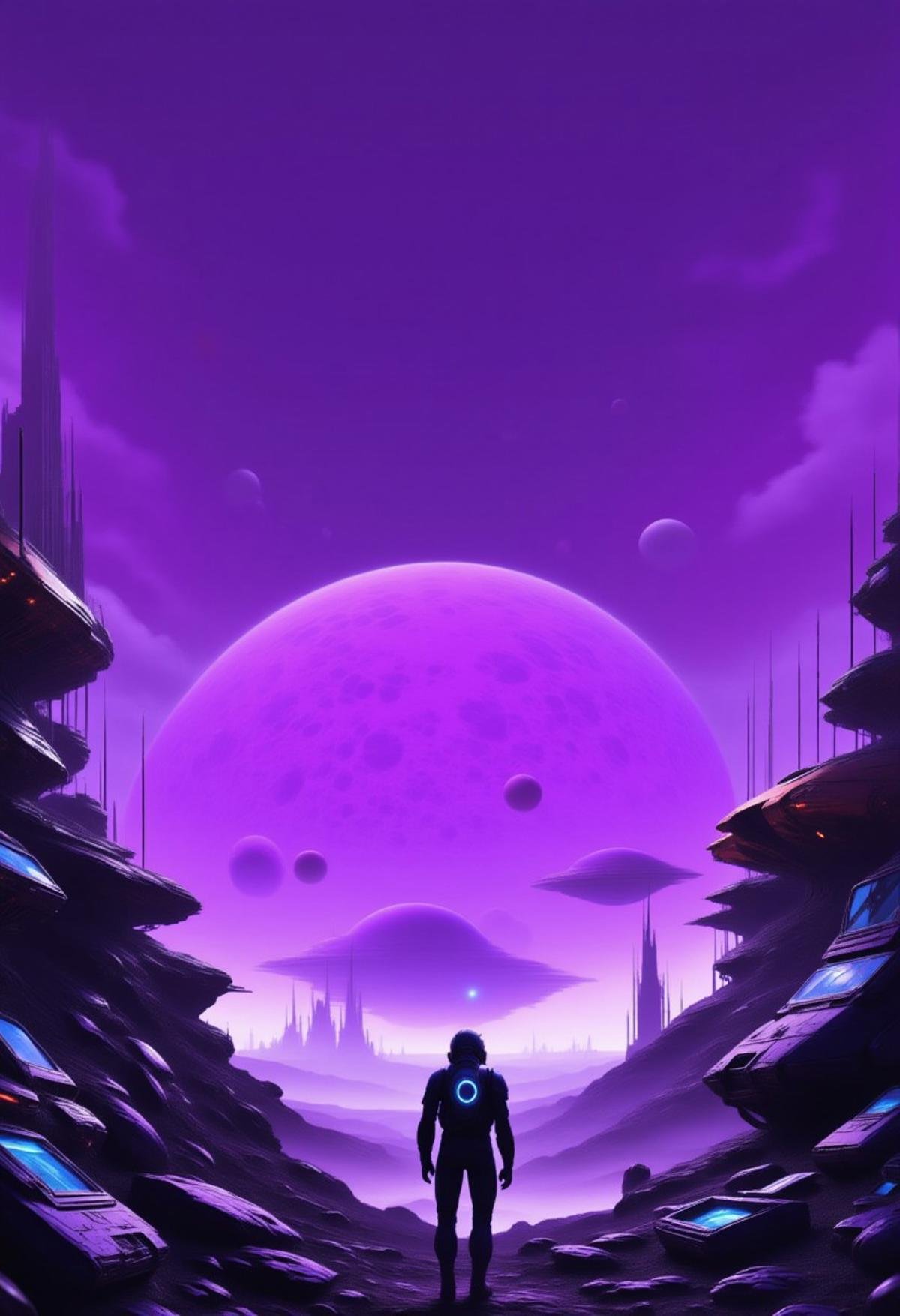 scifi, minimalist, cinematic, movie poster, cold colors, purple theme, 1boy, standing, weapon, outdoors, sky, cloud, gun, moon, helmet, robot, ground vehicle, motor vehicle, multiple planets, planet, spacecraft,