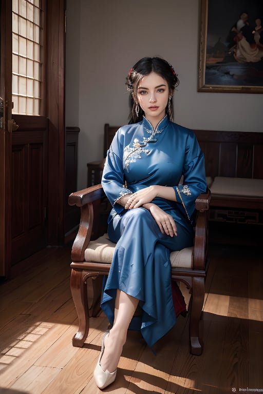 A woman wearing Qing Dynasty court dress sits on a wooden chair, indoors

(RAW photo, best quality), (realistic, photo-Realistic:1.3), best quality, masterpiece, beautiful and aesthetic, 16K, (HDR:1.4), high contrast, (vibrant color:1.4), (muted colors, dim colors, soothing tones:0), 
cinematic lighting, ambient lighting, sidelighting, Exquisite details and textures, cinematic shot, Warm tone, full body(Bright and intense:1.2), (masterpiece, top quality, best quality, official art, beautiful and aesthetic:1.2), 
hdr, high contrast, wideshot(highly detailed skin: 1.2),
sun exposure,outdoor,tranquility,                                                               
Normal feets
No missing limbs,no Excessive text and watermark,民國