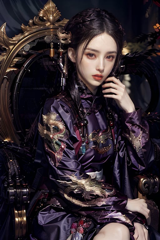 1 girl, long hair, purple hair, Qing Dynasty aristocratic female hair accessories are very gorgeous, covered with various gems and gold, sitting on a dragon chair, dragon, dragon tail, scales, behind there is a purple oriental dragon, huge dragon wings , black dragon horns, sharp claws, grasping this purple-light night pearl, red sky, black clouds, gorgeous red background, with gold-rimmed embroidered phoenix Hanfu, long sleeves with black water on the cuffs, the moon, a palace full of flames, buildings, East Asian Architecture Forbidden City, Oriental Dragon, Empress Dowager Cixi, purple eyes, luminous pearls on the palm covered with purple flames, surrounded by a large number of golden jewels, the whole body is filled with purple evil spirit, nodf_lora
(Long straight purple and black hair, with bangs), (obviously purple eyes)
,清朝,多人