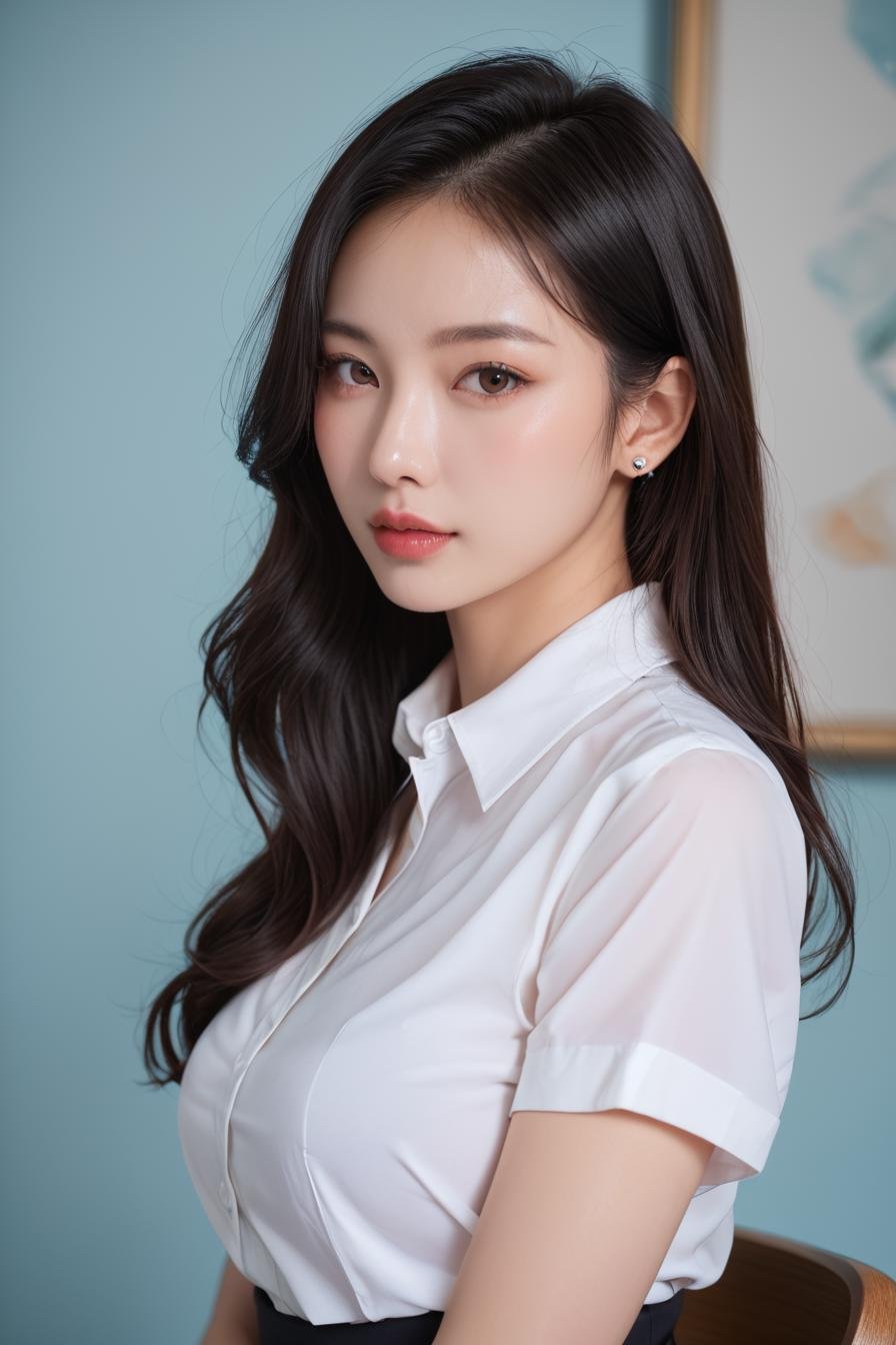 a stunning real medium breasts Korean woman with long, flowing dark hair, her piercing gaze directly addressing the viewer. score_9, score_8_up, score_7_up, 4k, high quality, (best quality:1.1), realistic, photorealistic, close-up, upper body, (ultra HD quality details), High Fashion,  [4][24_94]Against a soft, true gradient blue background, a stunning real Japanese woman with long, flowing dark hair, her piercing gaze directly addressing the viewer. skirt, looking at viewer, indoors, realistic, shirt, short sleeves, brown eyes, pencil skirt, lips, white shirt, black skirt, chair, collared shirt, artist name