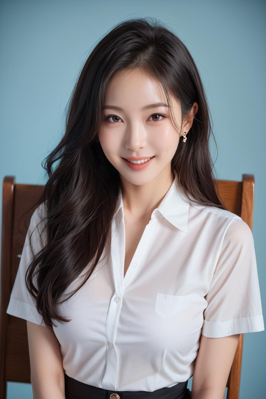 a stunning real medium breasts Korean woman with long, flowing dark hair, her piercing gaze directly addressing the viewer. score_9, score_8_up, score_7_up, 4k, high quality, (best quality:1.1), realistic, photorealistic, close-up, upper body, (ultra HD quality details), High Fashion,  [5][24_94]Against a soft, true gradient blue background, a stunning real Japanese woman with long, flowing dark hair, her piercing gaze directly addressing the viewer. skirt, looking at viewer, smile, brown eyes, chair, shirt, black skirt, lips, indoors, short sleeves, realistic, white shirt, parted lips