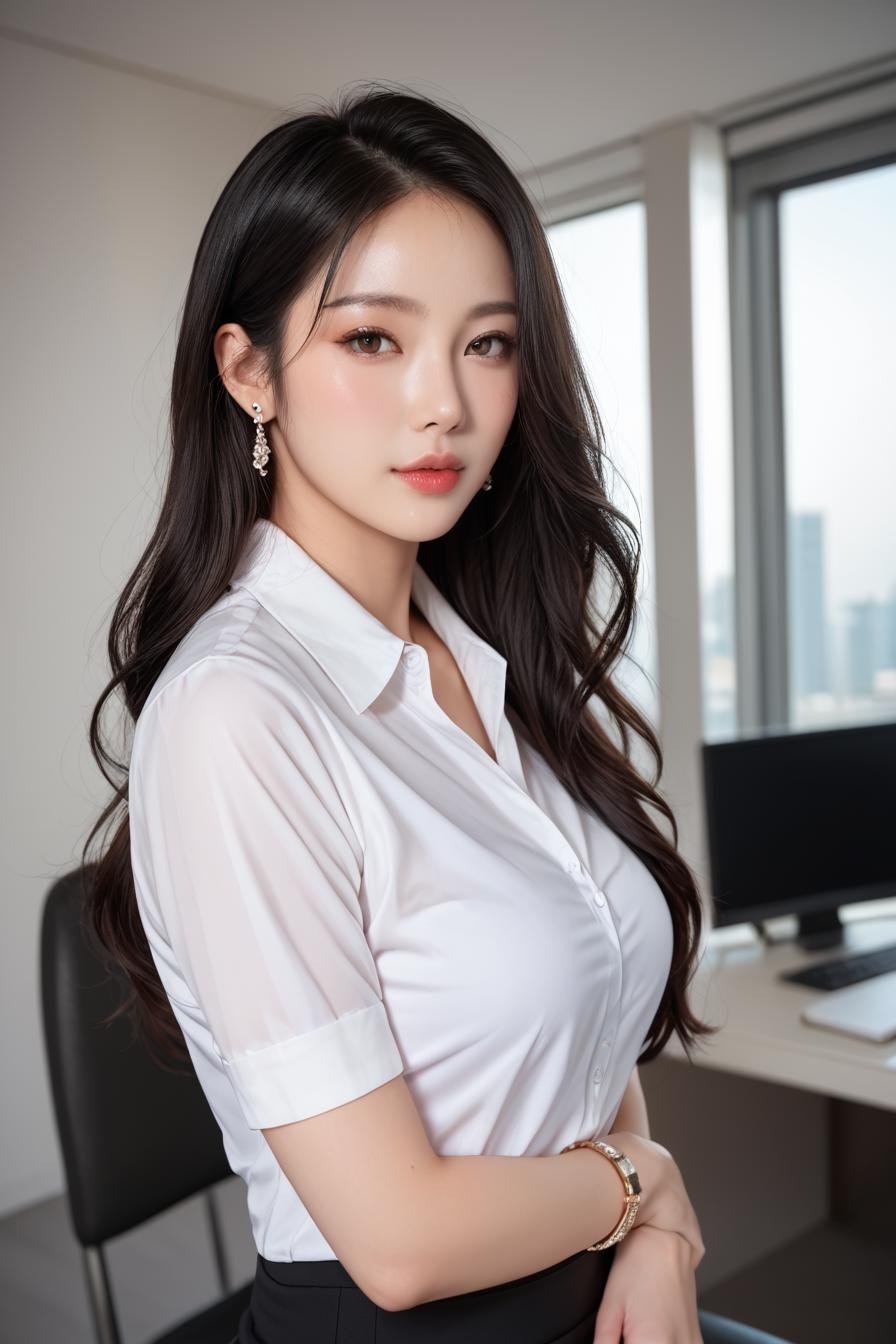 a stunning real medium breasts Korean woman with long, flowing dark hair, her piercing gaze directly addressing the viewer. score_9, score_8_up, score_7_up, 4k, high quality, (best quality:1.1), realistic, photorealistic, close-up, upper body, (ultra HD quality details), High Fashion,  [6][24_94]Against a soft, true gradient blue background, a stunning real Japanese woman with long, flowing dark hair, her piercing gaze directly addressing the viewer. skirt, pencil skirt, shirt, indoors, looking at viewer, window, chair, black skirt, white shirt, jewelry, brown eyes, short sleeves, office lady, standing, bracelet, lips