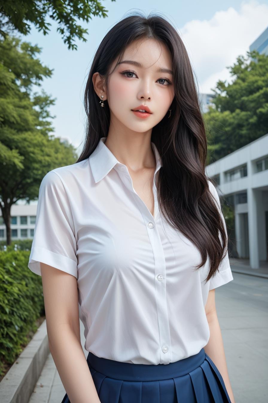 a stunning real medium breasts Korean woman with long, flowing dark hair, her piercing gaze directly addressing the viewer. score_9, score_8_up, score_7_up, 4k, high quality, (best quality:1.1), realistic, photorealistic, close-up, upper body, (ultra HD quality details), High Fashion,  [2][24_94]Against a soft, true gradient blue background, a stunning real Japanese woman with long, flowing dark hair, her piercing gaze directly addressing the viewer. skirt, outdoors, shirt, tree, looking at viewer, blue skirt, white shirt, parted lips, sky, day, collared shirt, pleated skirt, short sleeves, building, blue sky, shirt tucked in