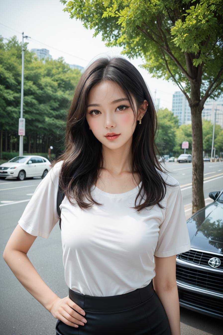 a stunning real medium breasts Korean woman with long, flowing dark hair, her piercing gaze directly addressing the viewer. score_9, score_8_up, score_7_up, 4k, high quality, (best quality:1.1), realistic, photorealistic, close-up, upper body, (ultra HD quality details), High Fashion,  [13][24_94]Against a soft, true gradient blue background, a stunning real Japanese woman with long, flowing dark hair, her piercing gaze directly addressing the viewer. skirt, hand on hip, shirt, ground vehicle, black skirt, tree, looking at viewer, pencil skirt, motor vehicle, bag, outdoors, white shirt, car, short sleeves, brown eyes, black eyes, day, standing