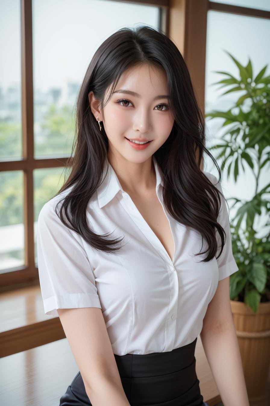 a stunning real medium breasts Korean woman with long, flowing dark hair, her piercing gaze directly addressing the viewer. score_9, score_8_up, score_7_up, 4k, high quality, (best quality:1.1), realistic, photorealistic, close-up, upper body, (ultra HD quality details), High Fashion,  [10][24_94]Against a soft, true gradient blue background, a stunning real Japanese woman with long, flowing dark hair, her piercing gaze directly addressing the viewer. skirt, sitting, shirt, looking at viewer, white shirt, pencil skirt, short sleeves, indoors, black skirt, brown eyes, parted lips, plant, collared shirt, window, smile