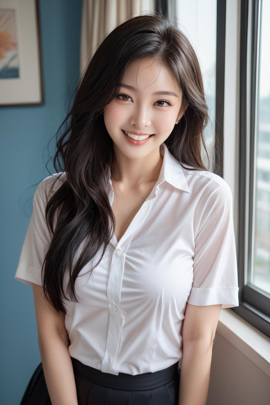 a stunning real medium breasts Korean woman with long, flowing dark hair, her piercing gaze directly addressing the viewer. score_9, score_8_up, score_7_up, 4k, high quality, (best quality:1.1), realistic, photorealistic, close-up, upper body, (ultra HD quality details), High Fashion,  [26][24_94]Against a soft, true gradient blue background, a stunning real Japanese woman with long, flowing dark hair, her piercing gaze directly addressing the viewer. smile, shirt, looking at viewer, skirt, shirt tucked in, indoors, white shirt, window, short sleeves, collared shirt, black skirt, teeth, grin, brown eyes, artist name