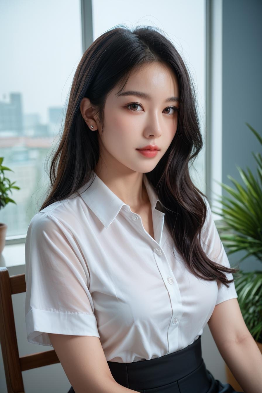 a stunning real medium breasts Korean woman with long, flowing dark hair, her piercing gaze directly addressing the viewer. score_9, score_8_up, score_7_up, 4k, high quality, (best quality:1.1), realistic, photorealistic, close-up, upper body, (ultra HD quality details), High Fashion,  [3][24_94]Against a soft, true gradient blue background, a stunning real Japanese woman with long, flowing dark hair, her piercing gaze directly addressing the viewer. looking at viewer, shirt, indoors, chair, white shirt, skirt, short sleeves, sitting, brown eyes, realistic, black skirt, lips, collared shirt, plant, window, closed mouth