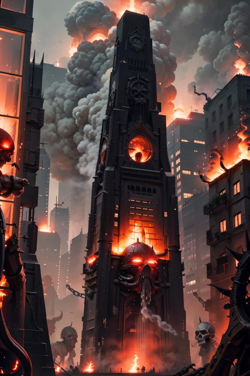 ((masterpiece,best quality)),<lora:Khorne_World:0.7>,Khorne_World, (giant skulls), (city, buildings with windows :1.2), chain, spikes, skyscraper, big modern city, scifi,lava, fire, red glow, red theme,