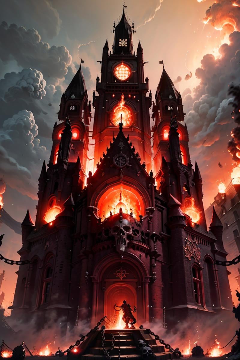 ((masterpiece,best quality)),<lora:Khorne_World:0.7>,Khorne_World, (giant skulls), (big castle, buildings with windows :1.2), chain, spikes, fantasy,lava, fire, red glow, red theme,