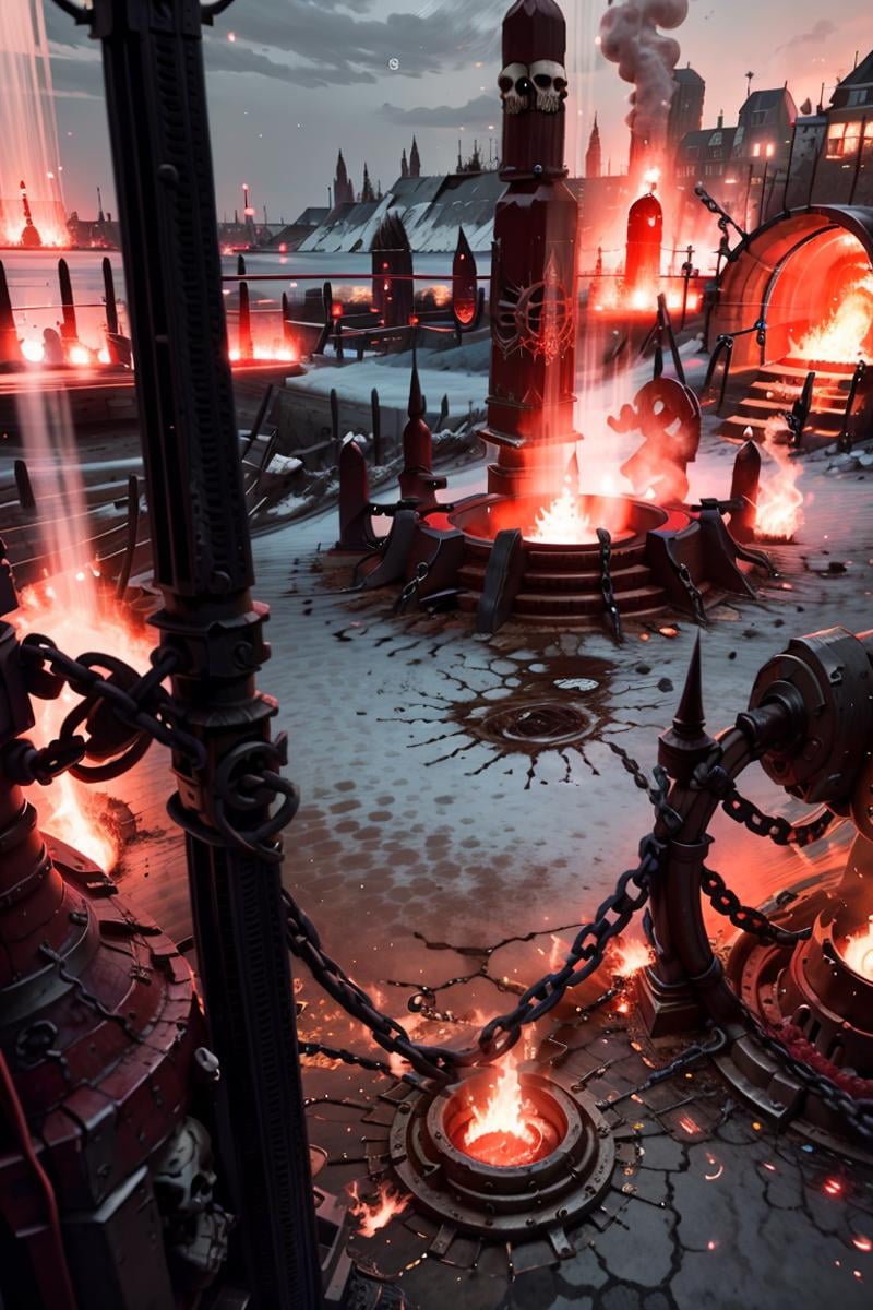 ((masterpiece,best quality)),<lora:Khorne_World:0.7>,Khorne_World, (skulls), (city, buildings with windows :1.2), chain, spikes,fire, red glow, red theme,