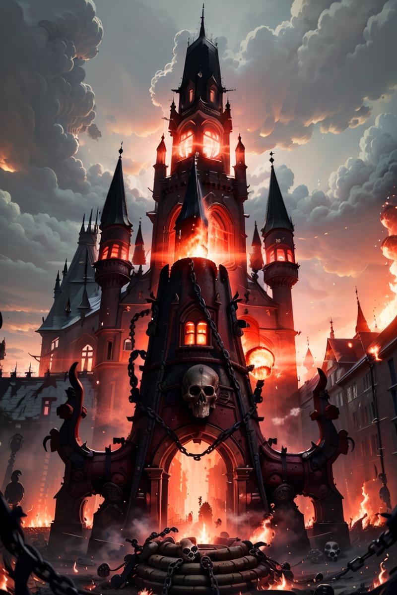 ((masterpiece,best quality)),<lora:Khorne_World:0.7>,Khorne_World, (giant skulls), (big castle, buildings with windows :1.2), chain, spikes, fantasy,lava, fire, red glow, red theme,