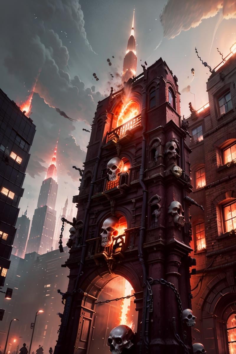 ((masterpiece,best quality)),<lora:Khorne_World:0.7>,Khorne_World, (skulls), (city, buildings with windows :1.2), chain, spikes, skyscraper, big modern city, scifi,fire, red glow, red theme,