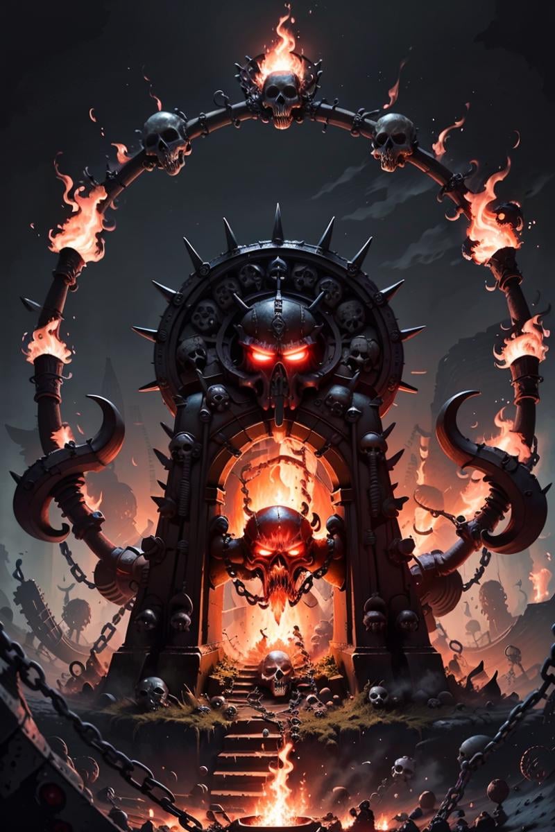 ((masterpiece,best quality)),<lora:Khorne_World:0.7>,Khorne_World, chain, spikes, glowing swirling energy, skulls, red glow, red theme, fire, portal, gateway,  stargate, 