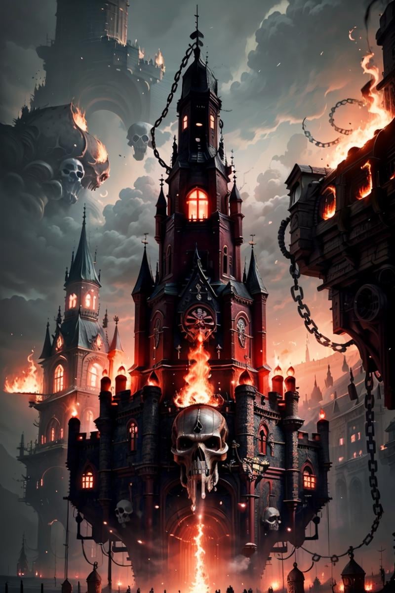 ((masterpiece,best quality)),<lora:Khorne_World:0.7>,Khorne_World, (skulls), (castle, buildings with windows :1.2), chain, spikes, fantasy,(giant floating skull:1.4),fire, red glow, red theme,