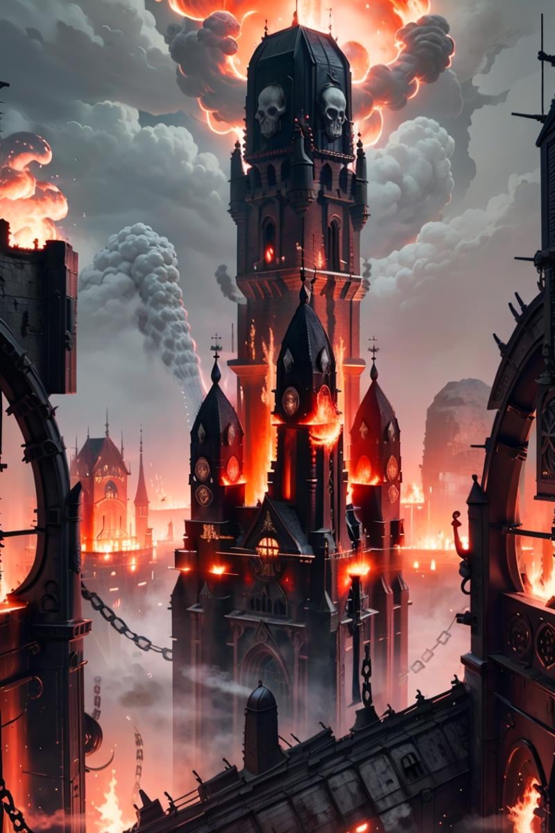 ((masterpiece,best quality)),<lora:Khorne_World:0.7>,Khorne_World, (giant skulls), (big castle, buildings with windows :1.2), chain, spikes, skyscraper, fantasy,lava, fire, red glow, red theme,