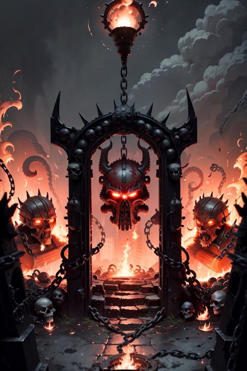 ((masterpiece,best quality)),<lora:Khorne_World:0.7>,Khorne_World, chain, spikes, glowing swirling energy, skulls, red glow, red theme, fire, portal, gateway,  open doorway, 