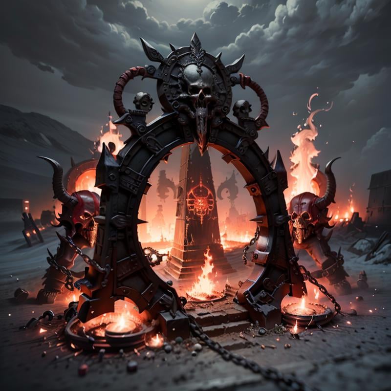 ((masterpiece,best quality)),<lora:Khorne_World:0.7>,Khorne_World, chain, spikes, swirling energy, skulls, red glow, red theme, fire, portal, gateway to hell, ruins, 