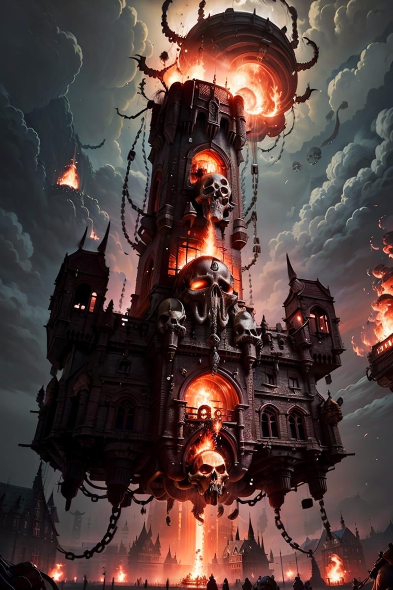 ((masterpiece,best quality)),<lora:Khorne_World:0.7>,Khorne_World, (skulls), (castle, buildings with windows :1.2), chain, spikes, fantasy,(giant floating skull:1.4),fire, red glow, red theme,