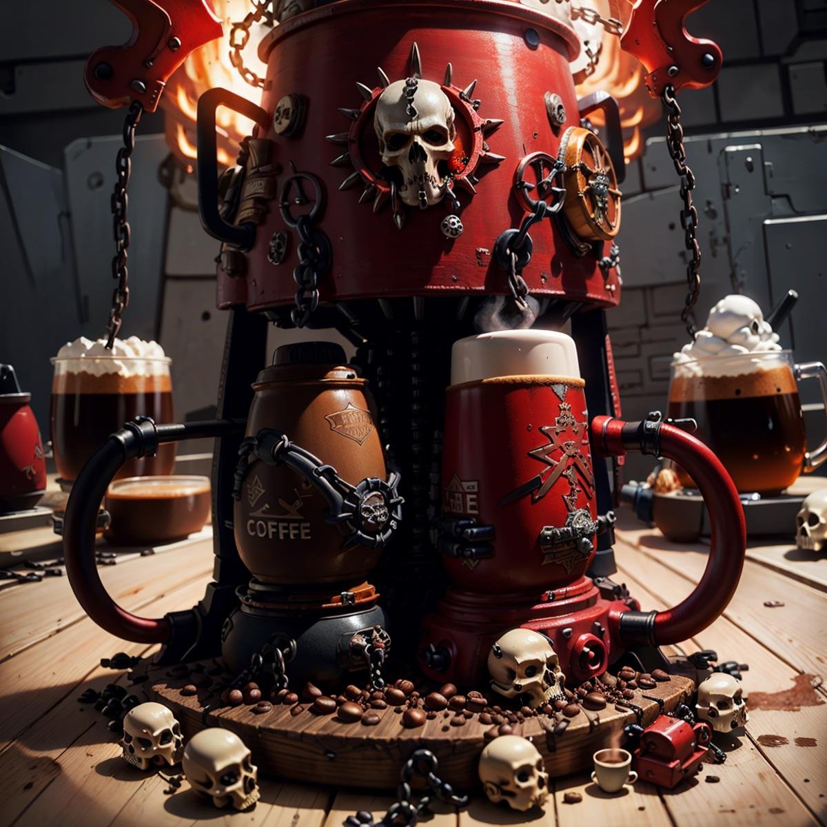 ((masterpiece,best quality)),<lora:Khorne_World:0.7>,Khorne_World, (skulls), chain, spikes,(coffee machine:1.2), coffee mug,red glow, red theme, 