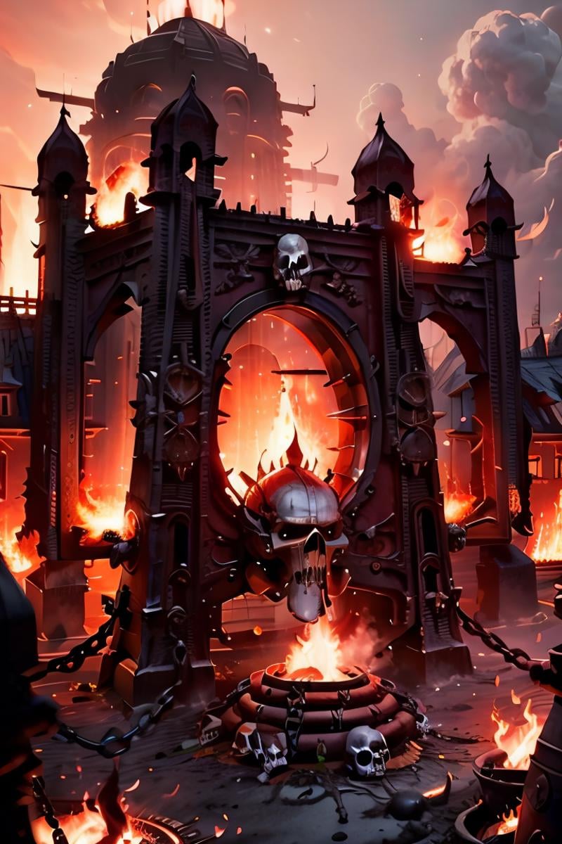 ((masterpiece,best quality)),<lora:Khorne_World:0.7>,Khorne_World, (skulls), (city, buildings with windows :1.2), chain, spikes,fire, red glow, red theme,