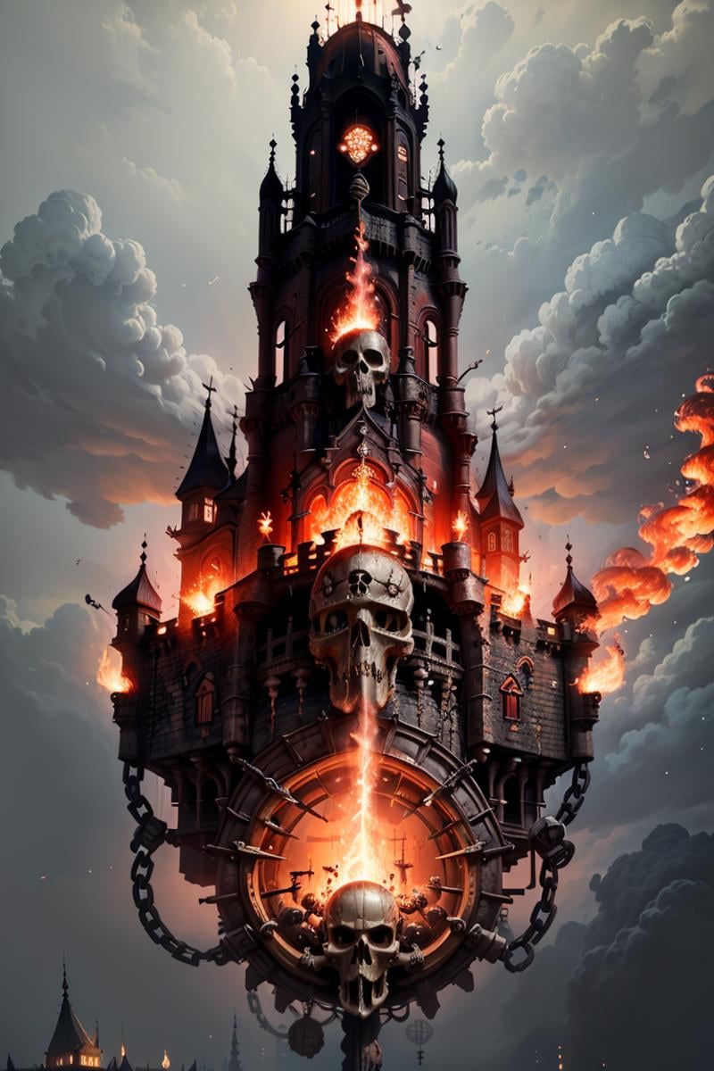 ((masterpiece,best quality)),<lora:Khorne_World:0.7>,Khorne_World, (skulls), (castle, buildings with windows :1.2), chain, spikes, fantasy,(giant floating skull:1.4),fire, red glow, red theme,