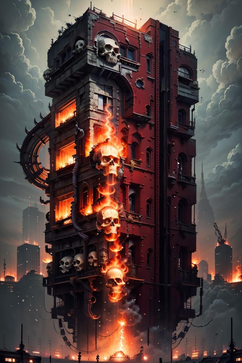 ((masterpiece,best quality)),<lora:Khorne_World:0.7>,Khorne_World, (skulls), (city, buildings with windows :1.2), chain, spikes, skyscraper, big modern city, scifi,(giant floating skull:1.4), fire, red glow, red theme,